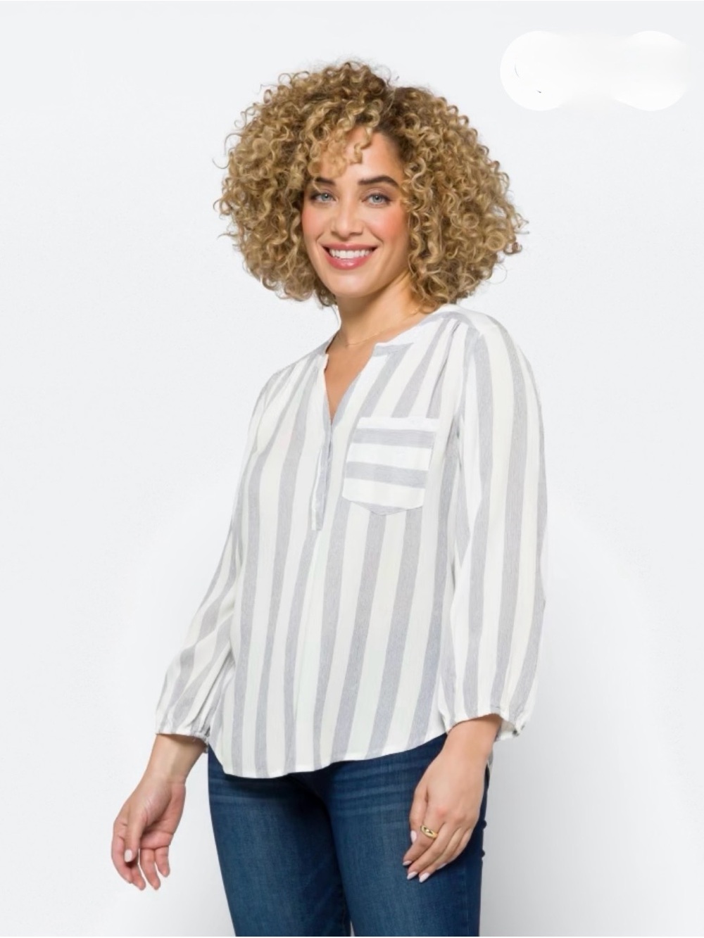 Prat Henley Striped V-Neck 3/4 length Sleeve Top